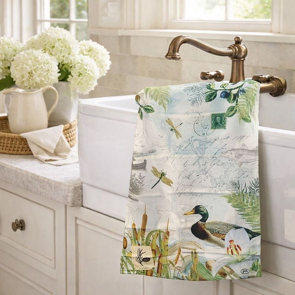 Michel Design Works By the Lake Tea Towel Cotton Duck Cottage Kitchen Decor NWT